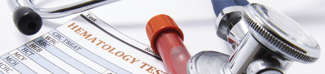 Hematology test form with blood sample tube and stethoscope highlighting accurate blood analysis – Qor Labs digital differential counters