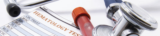 Hematology test form with blood sample tube and stethoscope highlighting accurate blood analysis – Qor Labs digital differential counters