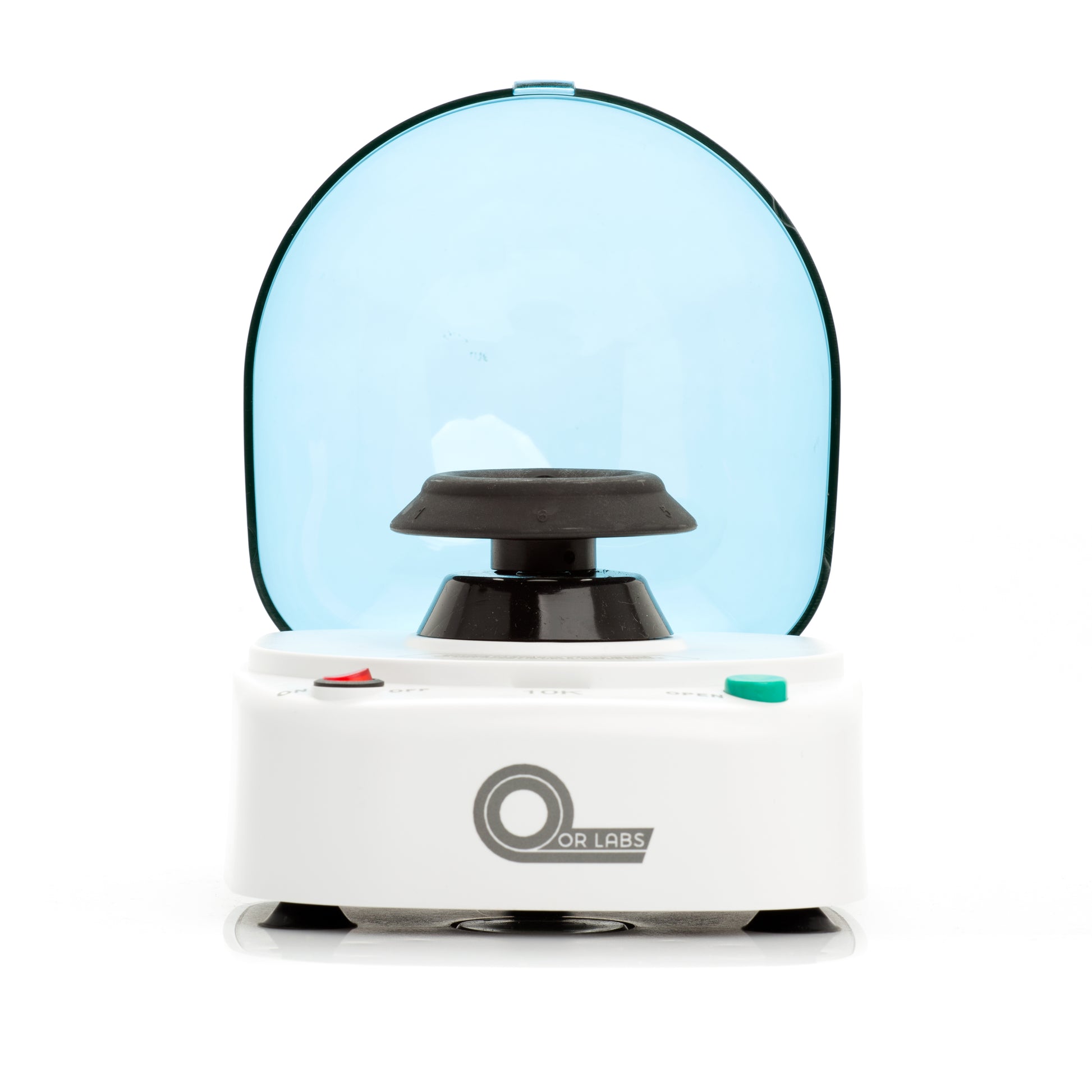 Front view of Qor Labs 10,000 RPM mini centrifuge with open lid