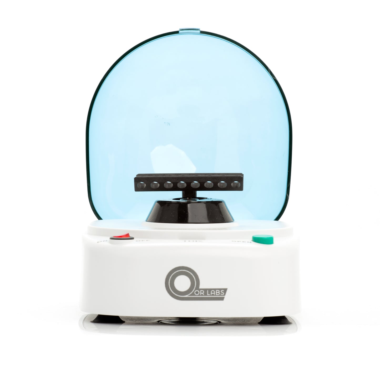 Front view of Qor Labs 10,000 RPM mini centrifuge with PCR rotor