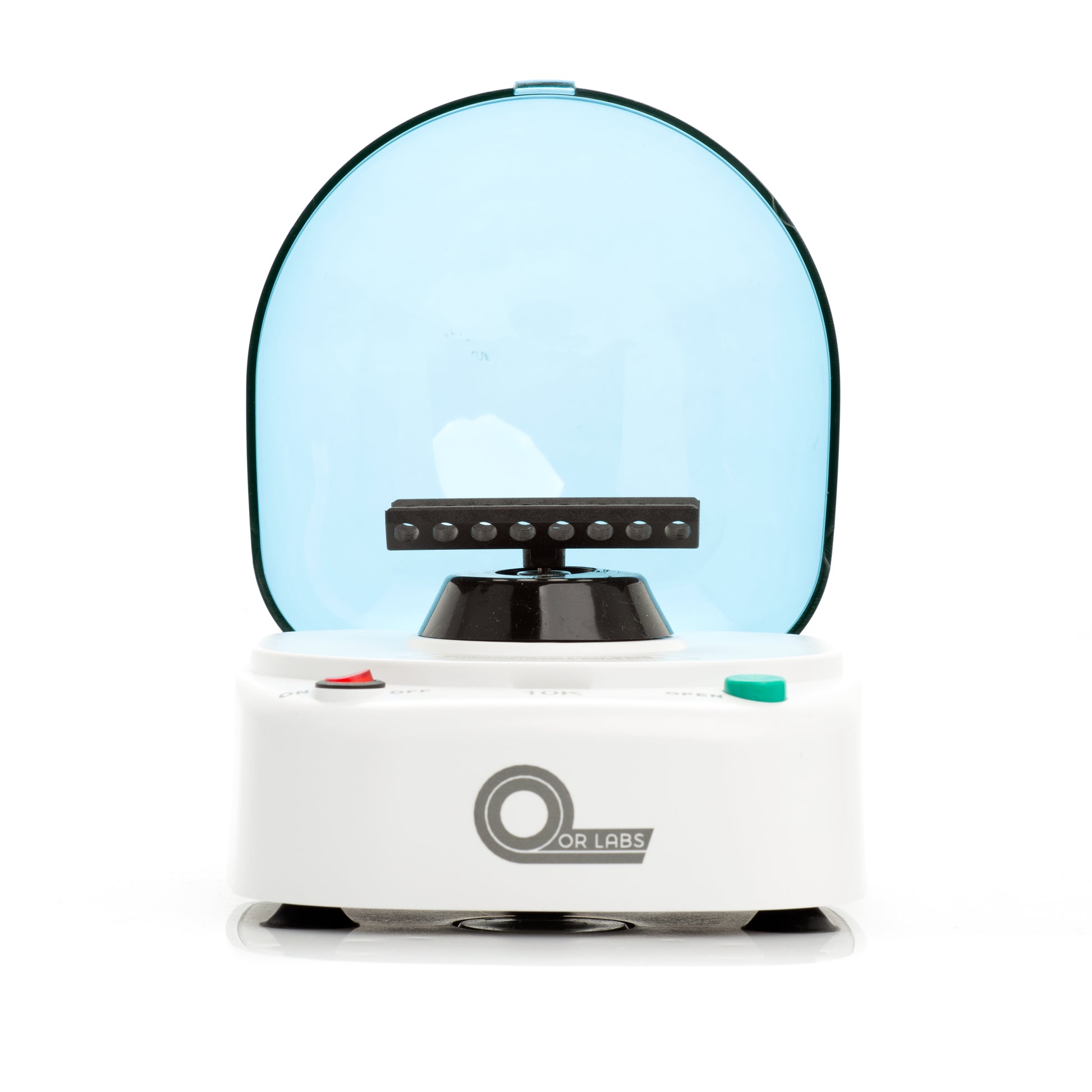 Front view of Qor Labs 10,000 RPM mini centrifuge with PCR rotor