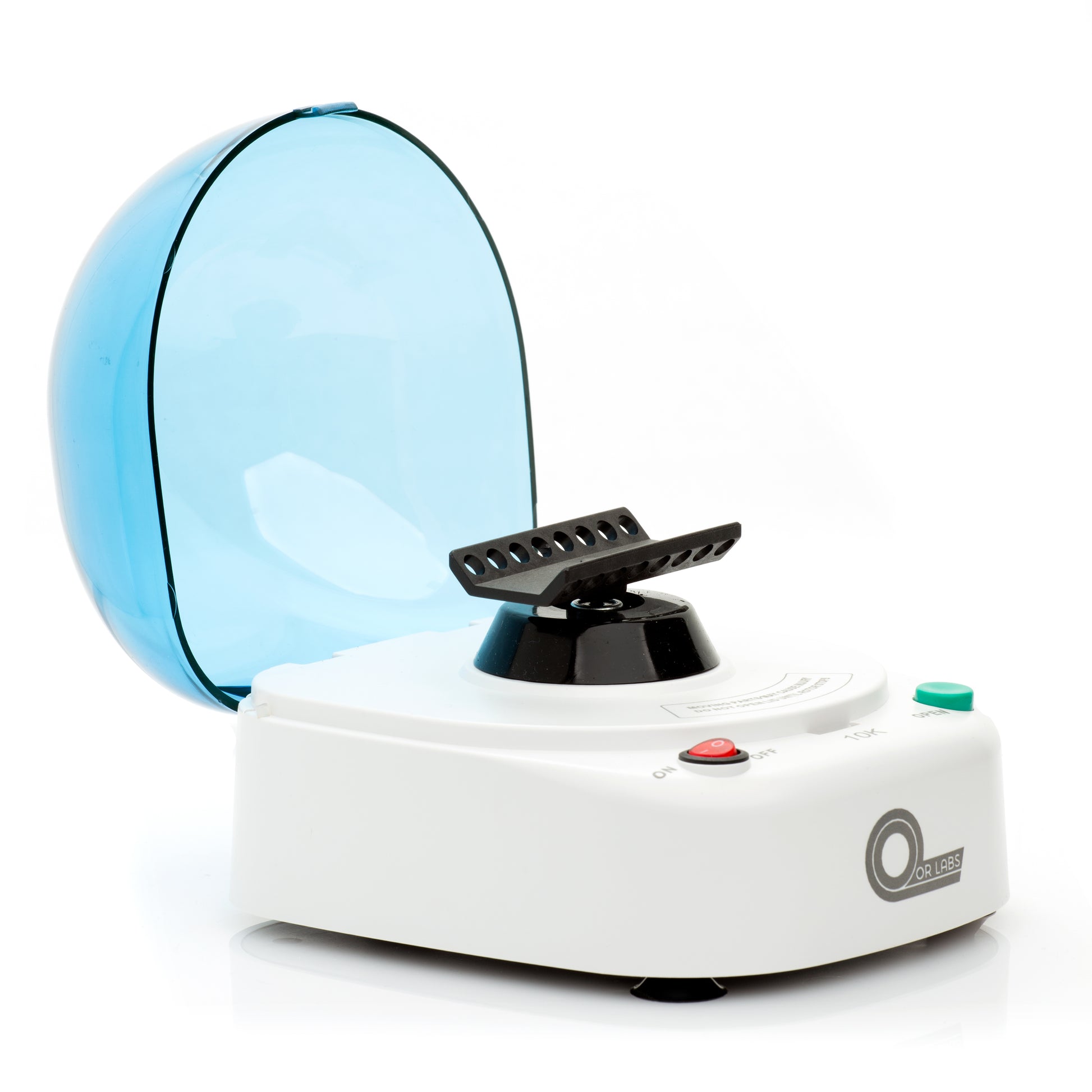 Side view of Qor Labs mini centrifuge with open lid showing PCR rotor
