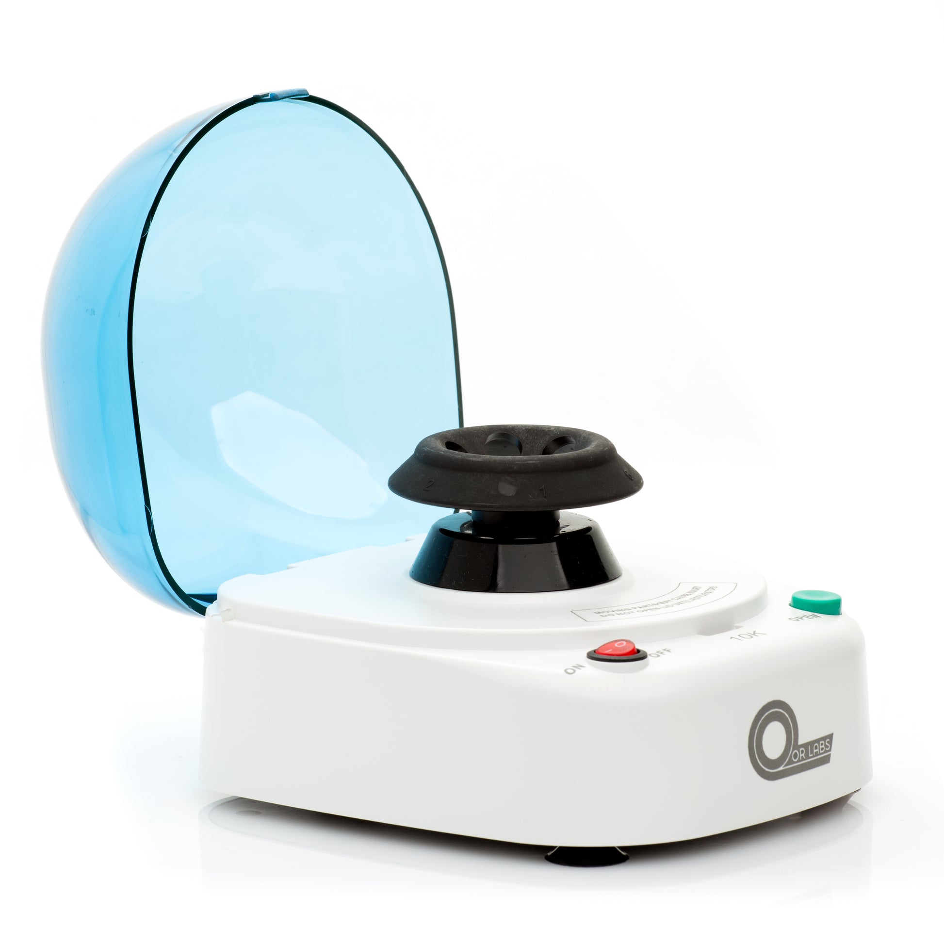 Side view of Qor Labs mini centrifuge with open lid showing microbe rotor
