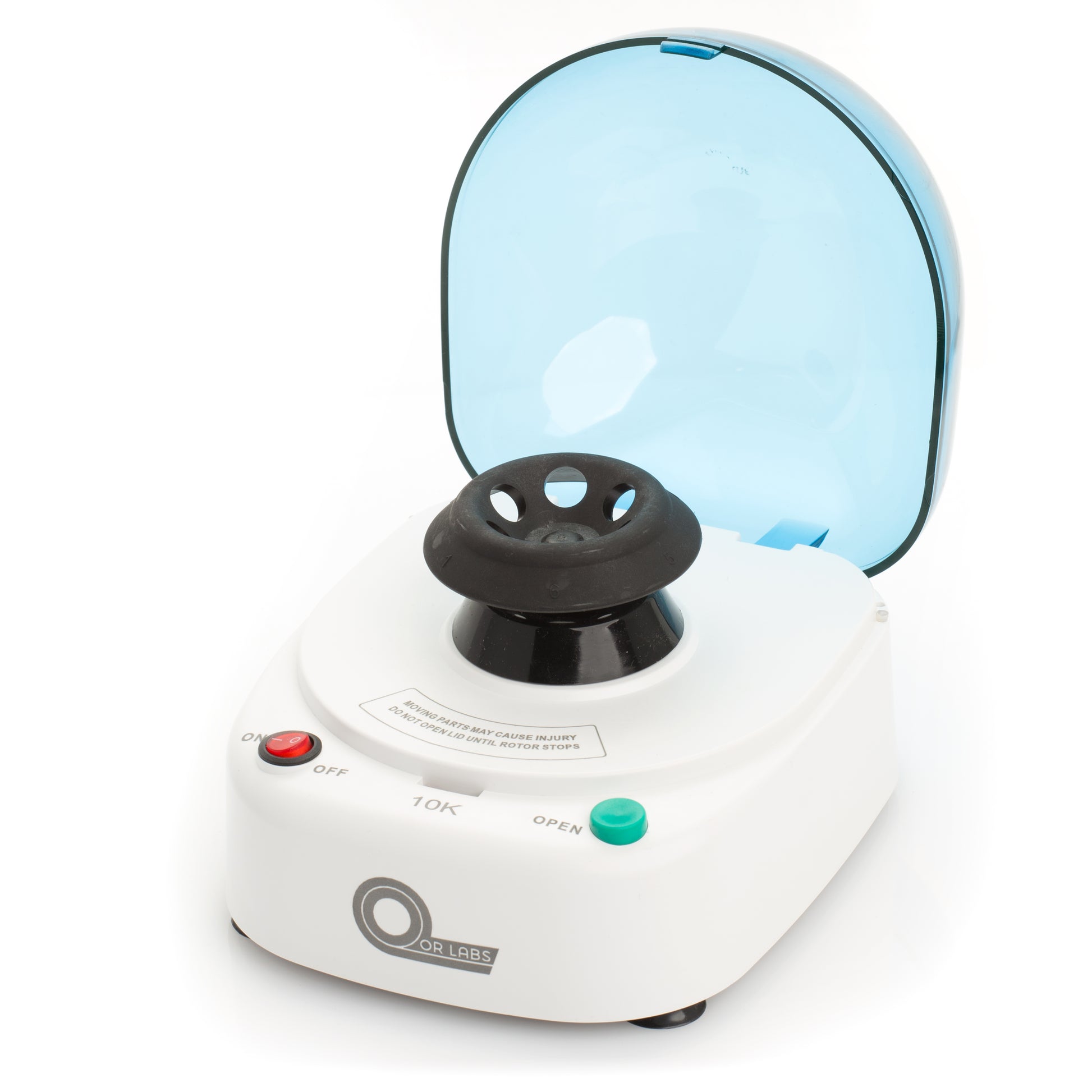 Side view of Qor Labs mini centrifuge with open lid showing rotor