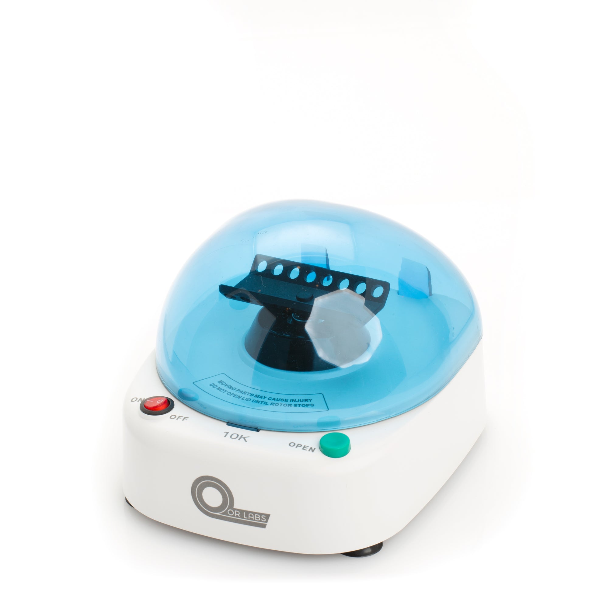 Top view of Qor Labs 10,000 RPM mini centrifuge with PCR rotor