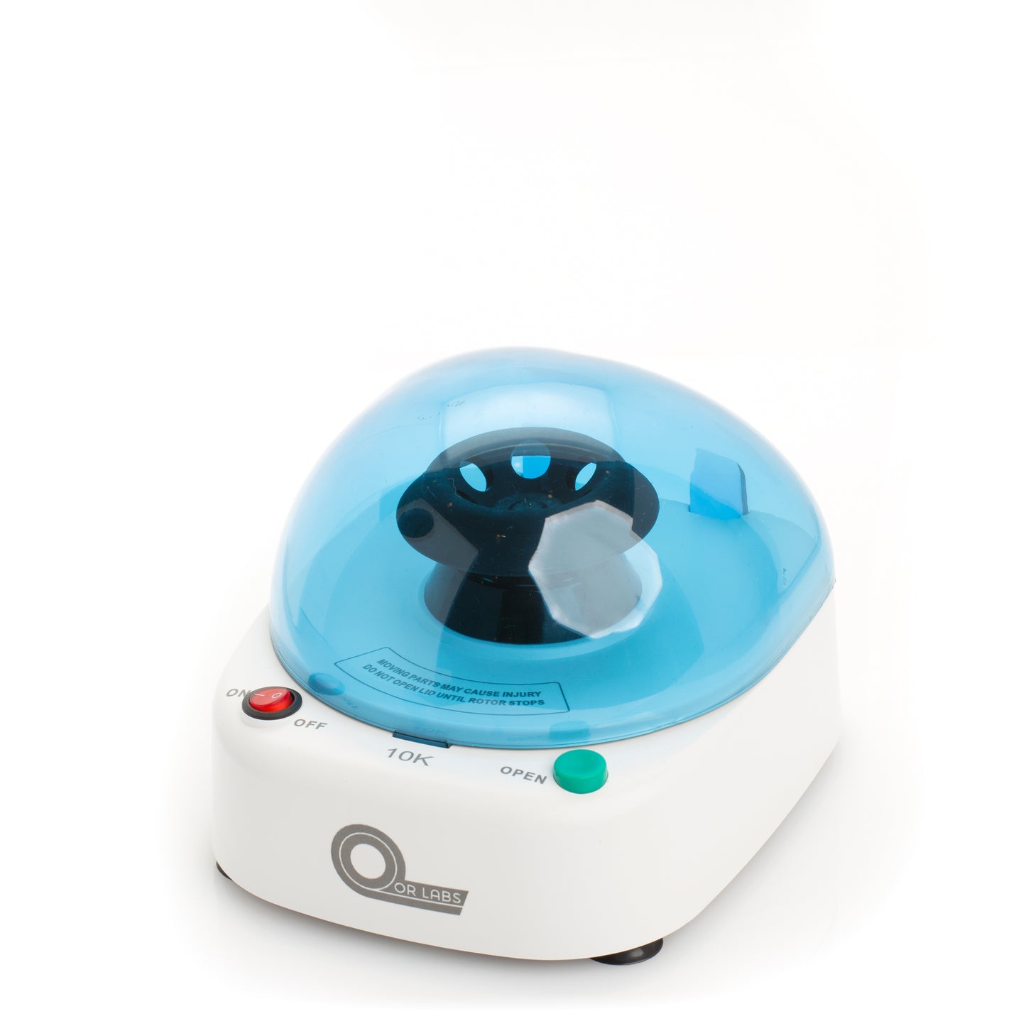 Top view of Qor Labs 10,000 RPM mini centrifuge with microtube rotor