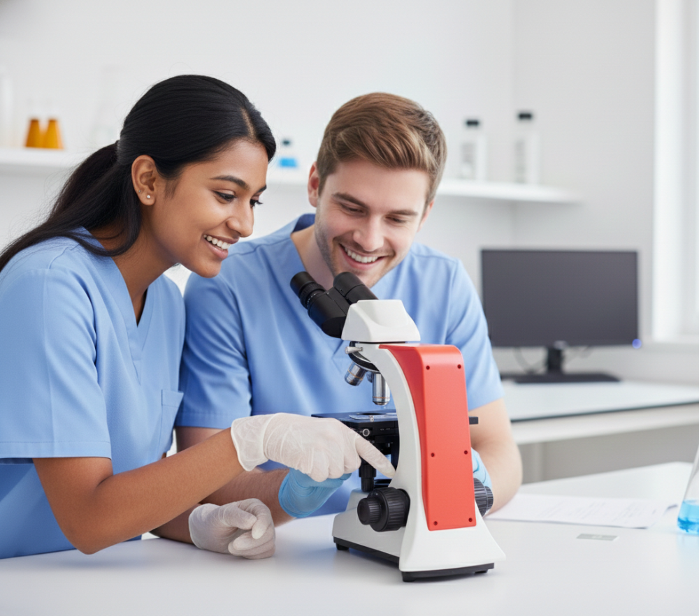 University students collaborating on a research project using the Astra microscope's ergonomic Siedentopf head.