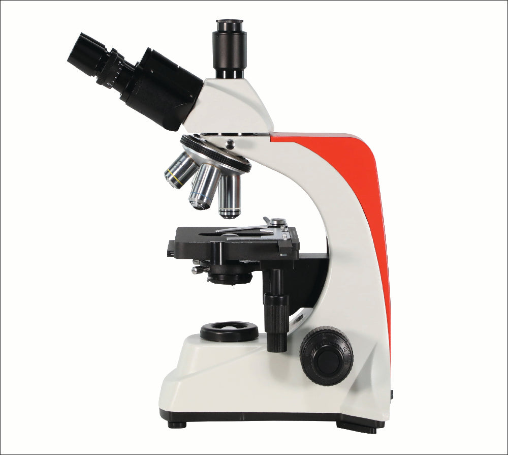 Left profile of Astra Trinocular microscope showing the vertical camera port and ergonomic coaxial focus knobs for sharp imaging.
