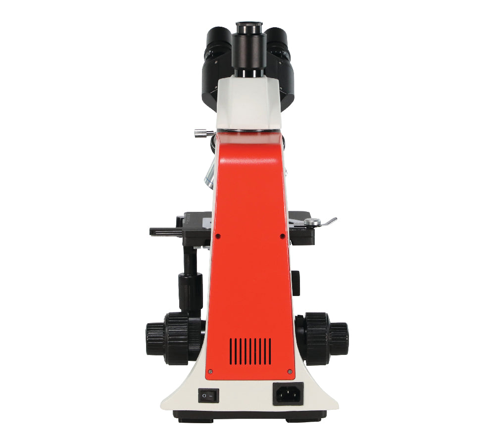 Rear view of Astra microscope with recessed carrying handle, AC power input, and integrated cord wrap for storage.