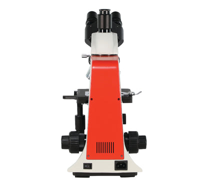 Rear view of Astra microscope with recessed carrying handle, AC power input, and integrated cord wrap for storage.