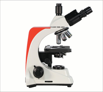 Right view of Astra Trinocular microscope highlighting the ability to view through eyepieces and a camera simultaneously.