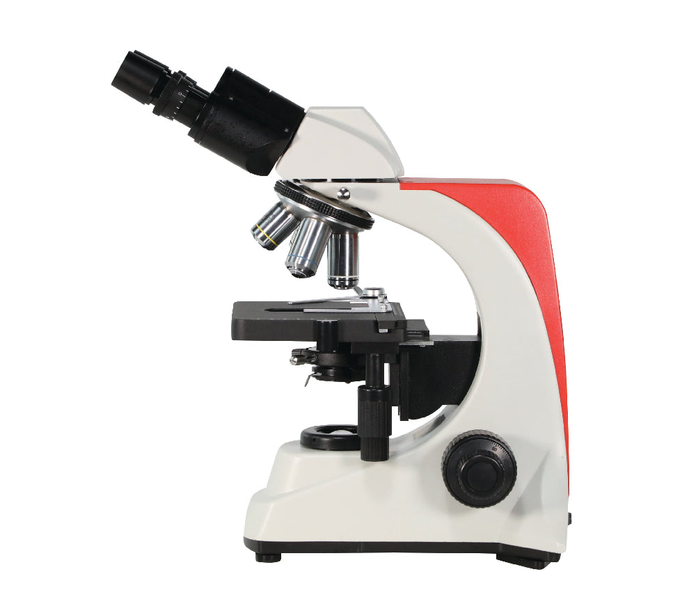 Left profile of Astra microscope featuring coaxial coarse and fine focus knobs and low-position stage controls.