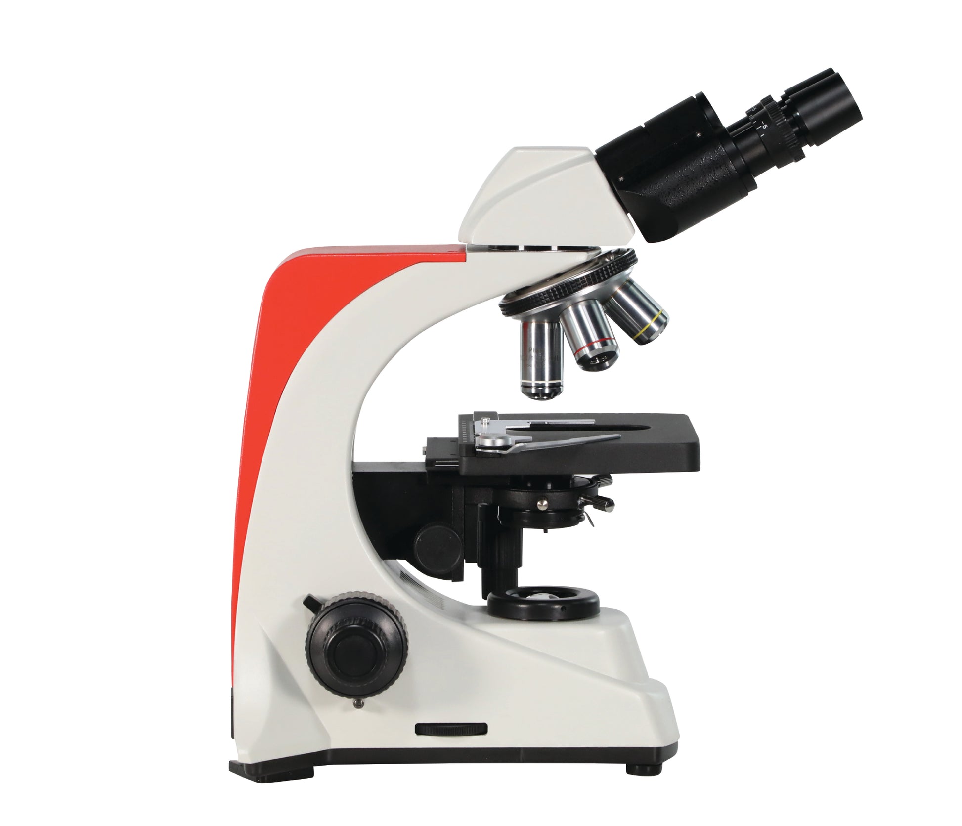 Right view of Astra microscope showing the variable LED intensity control dial and a stable, wide-footprint base.