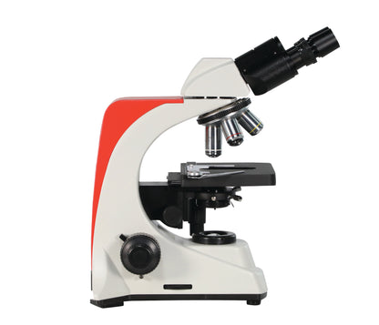 Right view of Astra microscope showing the variable LED intensity control dial and a stable, wide-footprint base.
