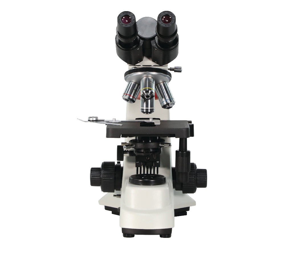 Front view of Astra compound microscope showing the binocular head, revolving nosepiece with four objectives, and a mechanical stage.