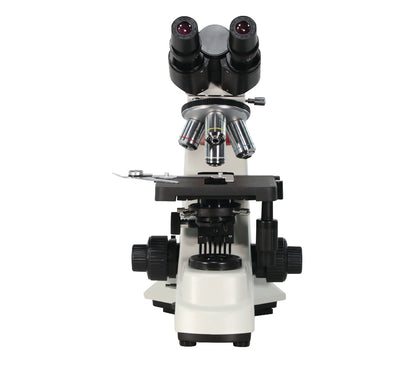 Front view of Astra compound microscope showing the binocular head, revolving nosepiece with four objectives, and a mechanical stage.