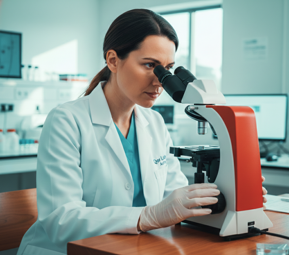Focused scientist using the Astra Trinocular microscope in a modern clinical lab with professional LED lighting.