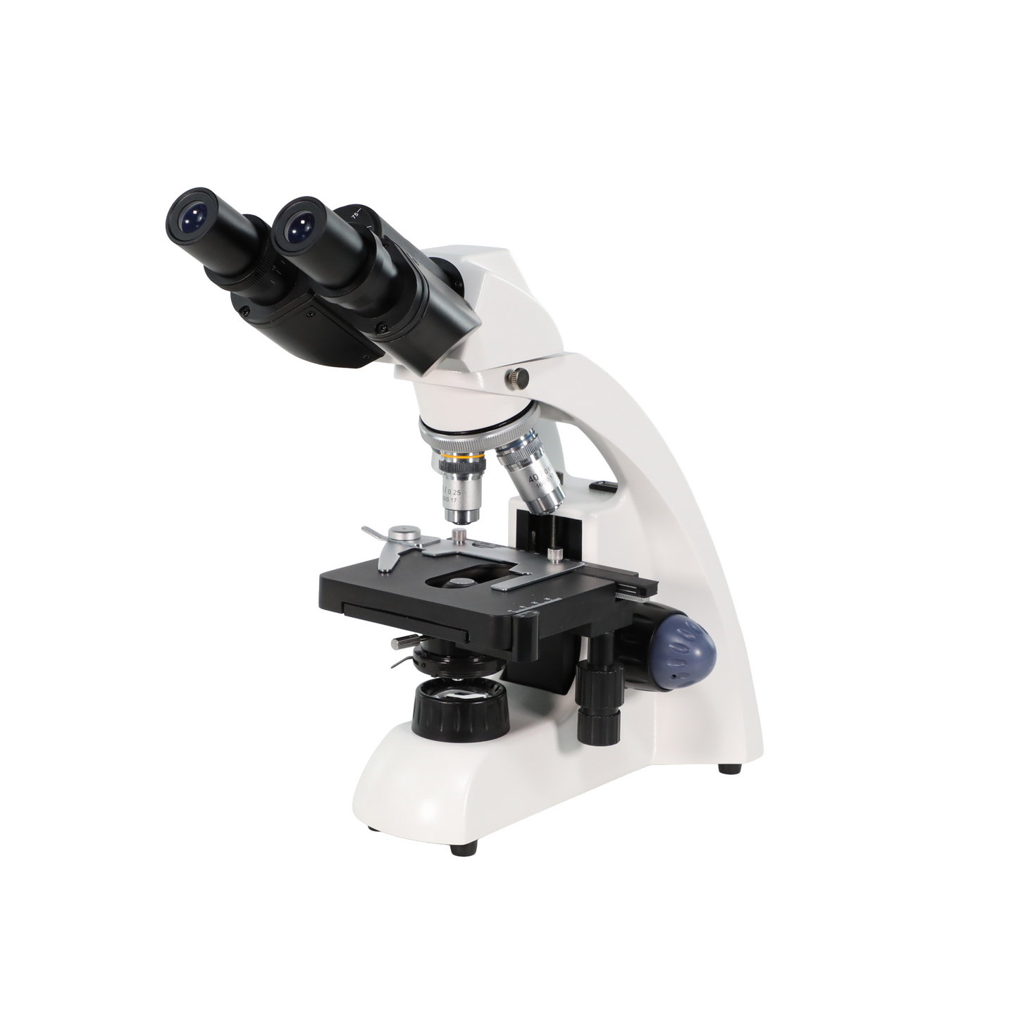 NanoQuest Student Microscope with binocular eyepieces, mechanical stage, and multiple objective lenses, shown at an angled front view.