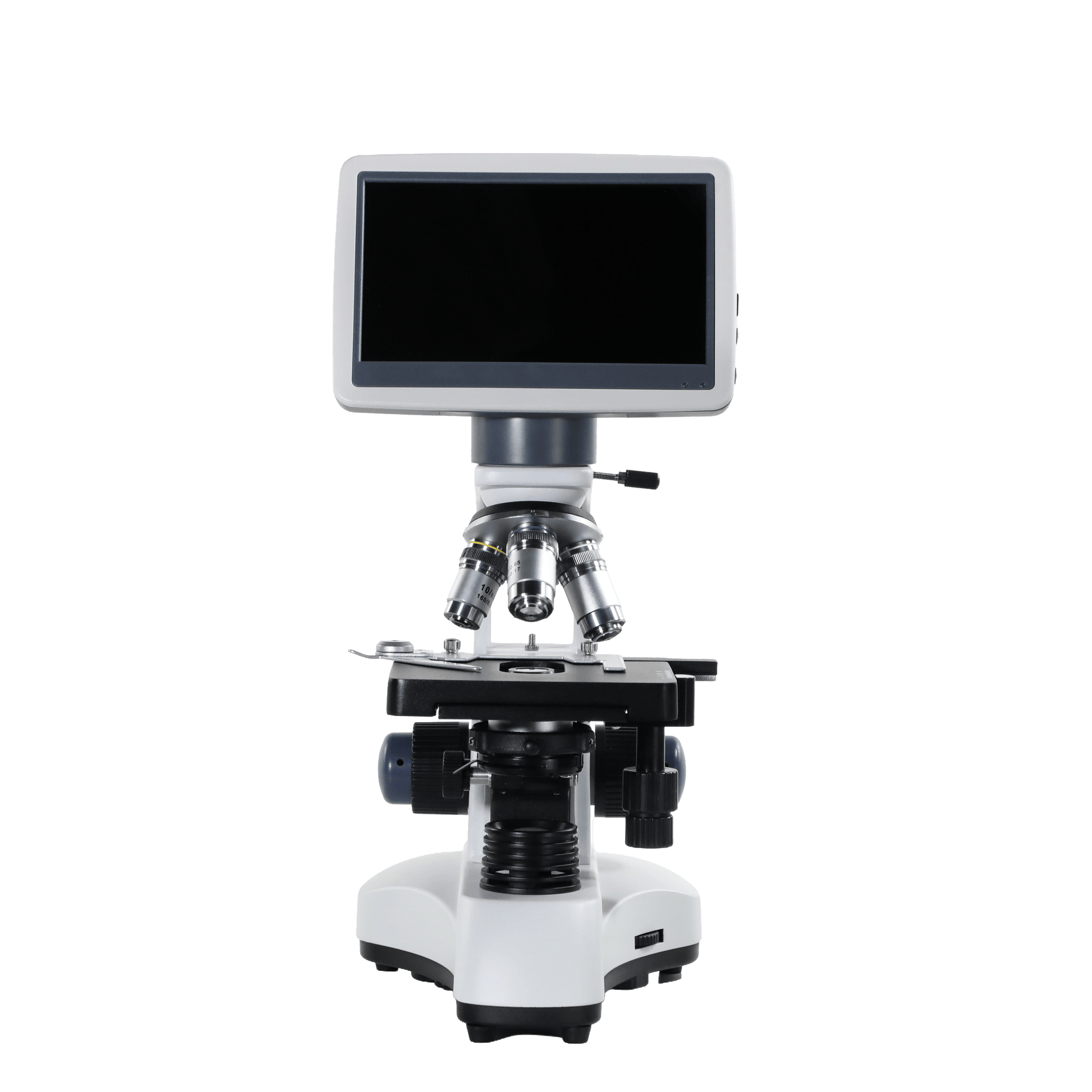 White compound microscope with integrated digital screen, shown from the front on a white background.