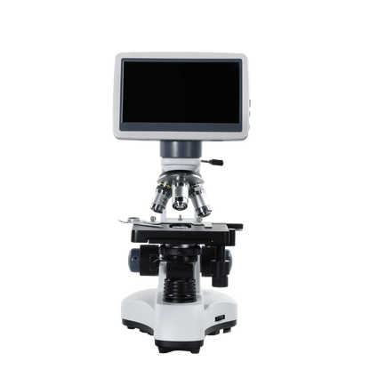 White compound microscope with integrated digital screen, shown from the front on a white background.