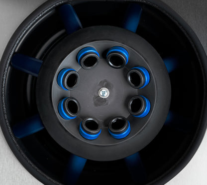 Top view and close-up of 8-place fixed angle rotor in Qor Labs AT Digital centrifuge