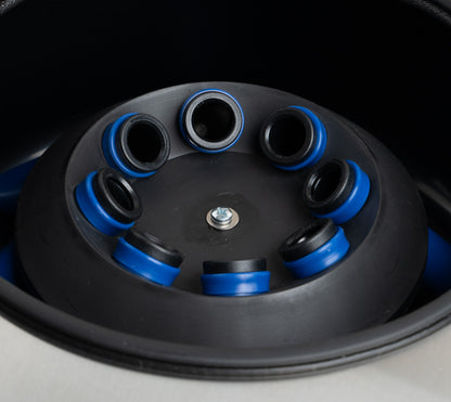 Close-up of 8-place fixed angle rotor in Qor Labs AT Digital centrifuge