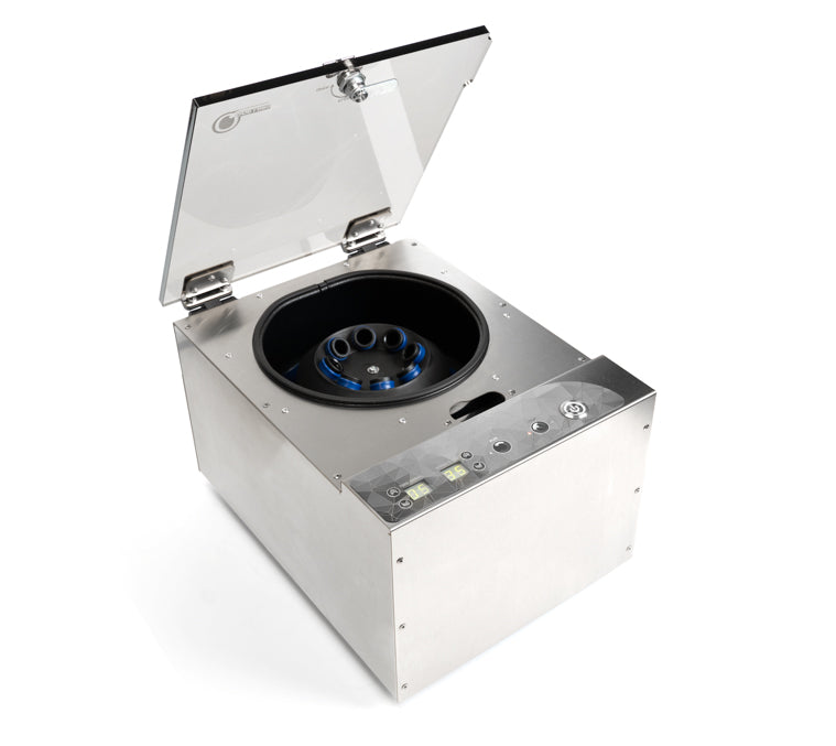 Top and side view of Qor Labs AT Digital 8-place centrifuge with open lid
