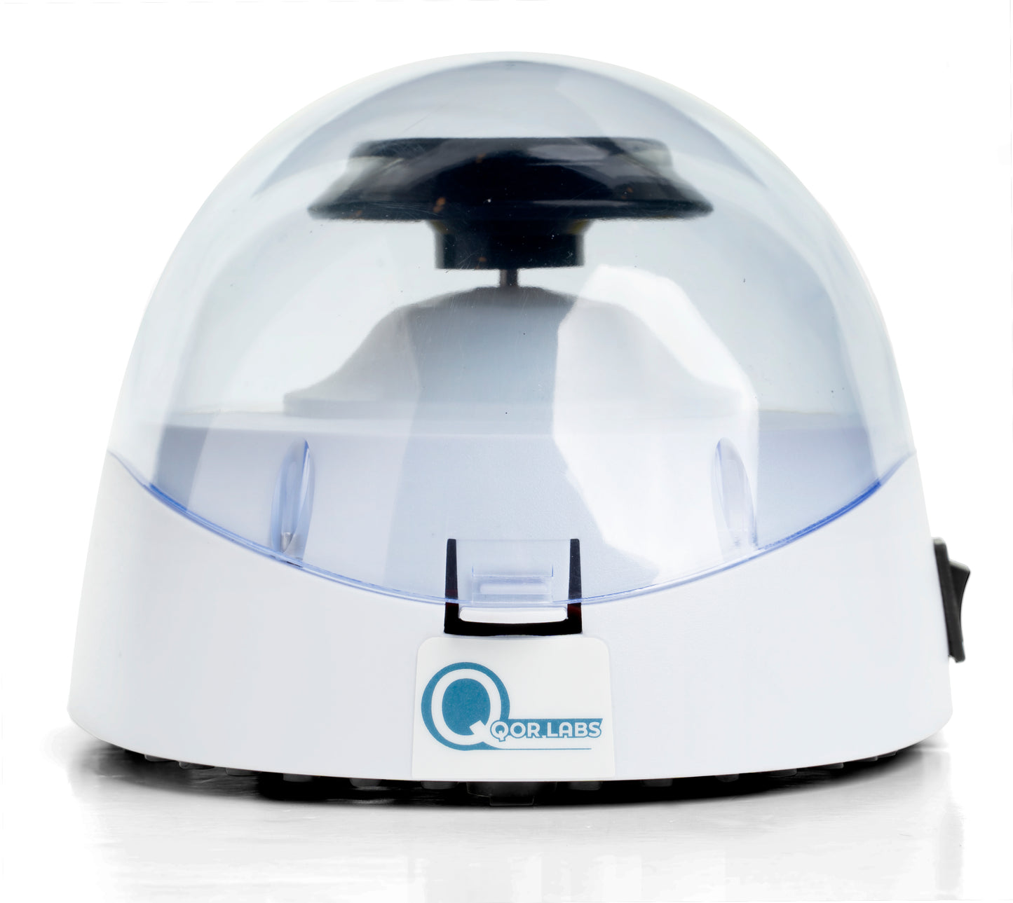 Front view of Qor Labs Mini Centrifuge with lid closed operating at 10,000 RPM