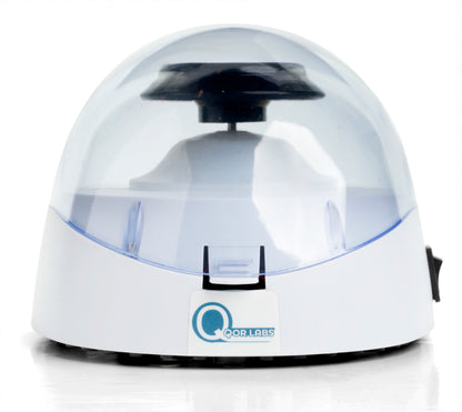 Front view of Qor Labs Mini Centrifuge with lid closed operating at 10,000 RPM