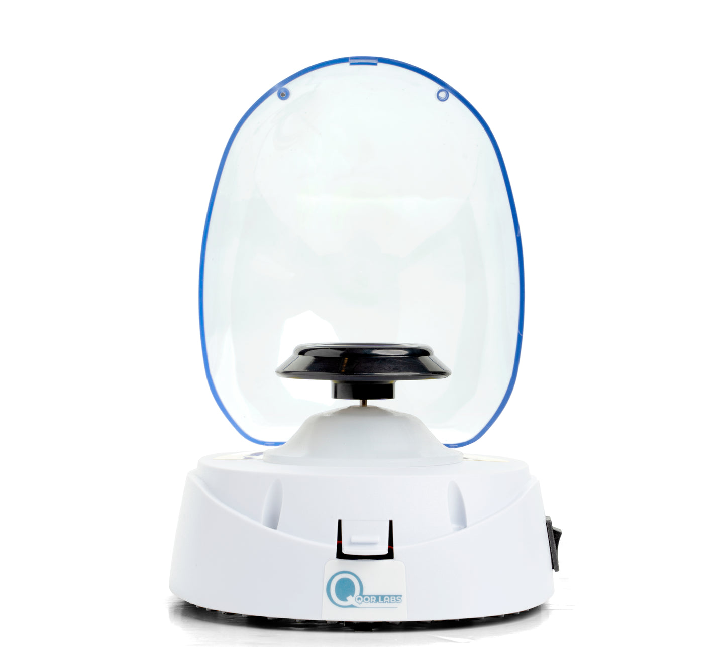 Front view of Qor Labs Mini Centrifuge with lid open