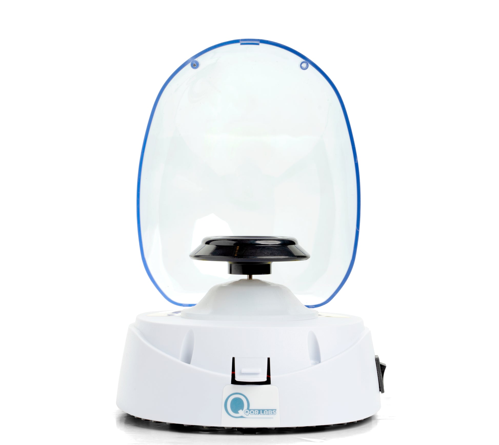 Front view of Qor Labs Mini Centrifuge with lid open