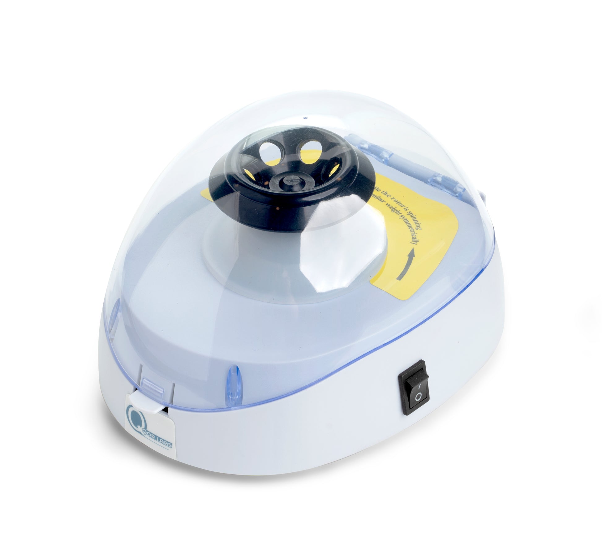 Side profile of compact 10,000 RPM mini centrifuge by Qor Labs